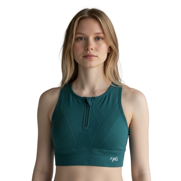 Ryka Seamless Ribbed Front-Zip Sports Bra Teal Activewear - Picture 8 of 10